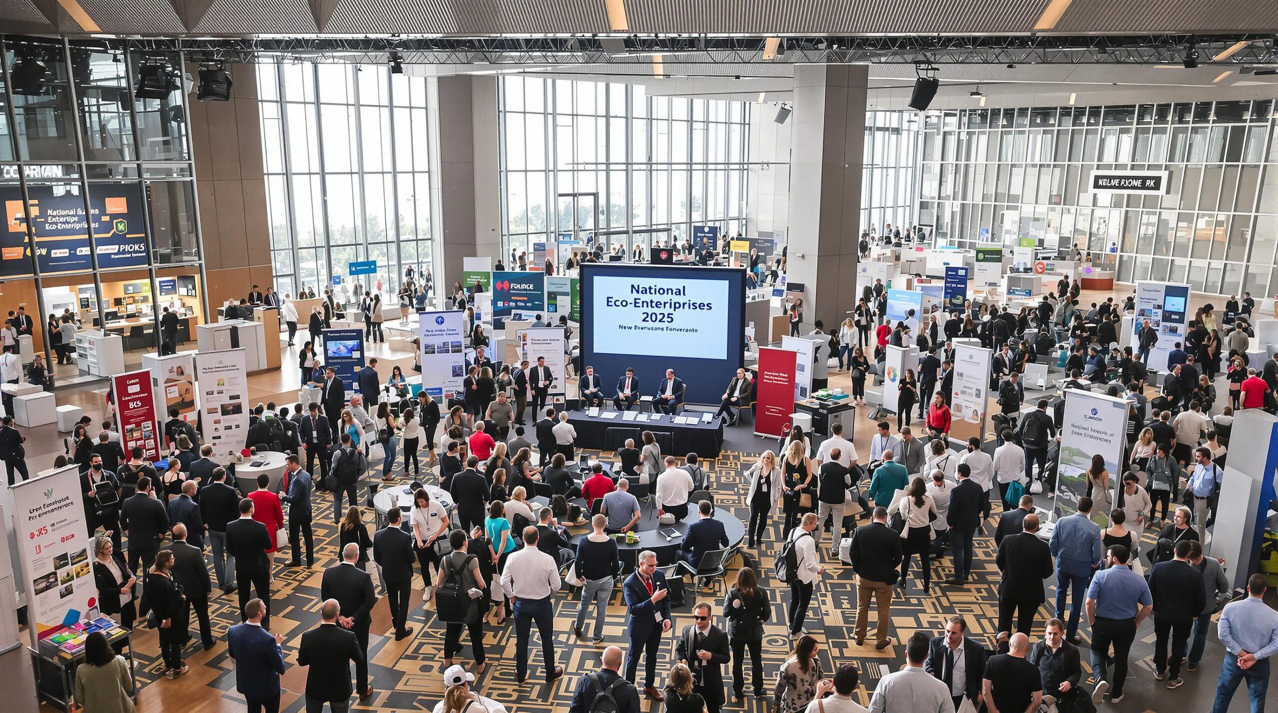 Large indoor conference with numerous attendees and exhibition booths.