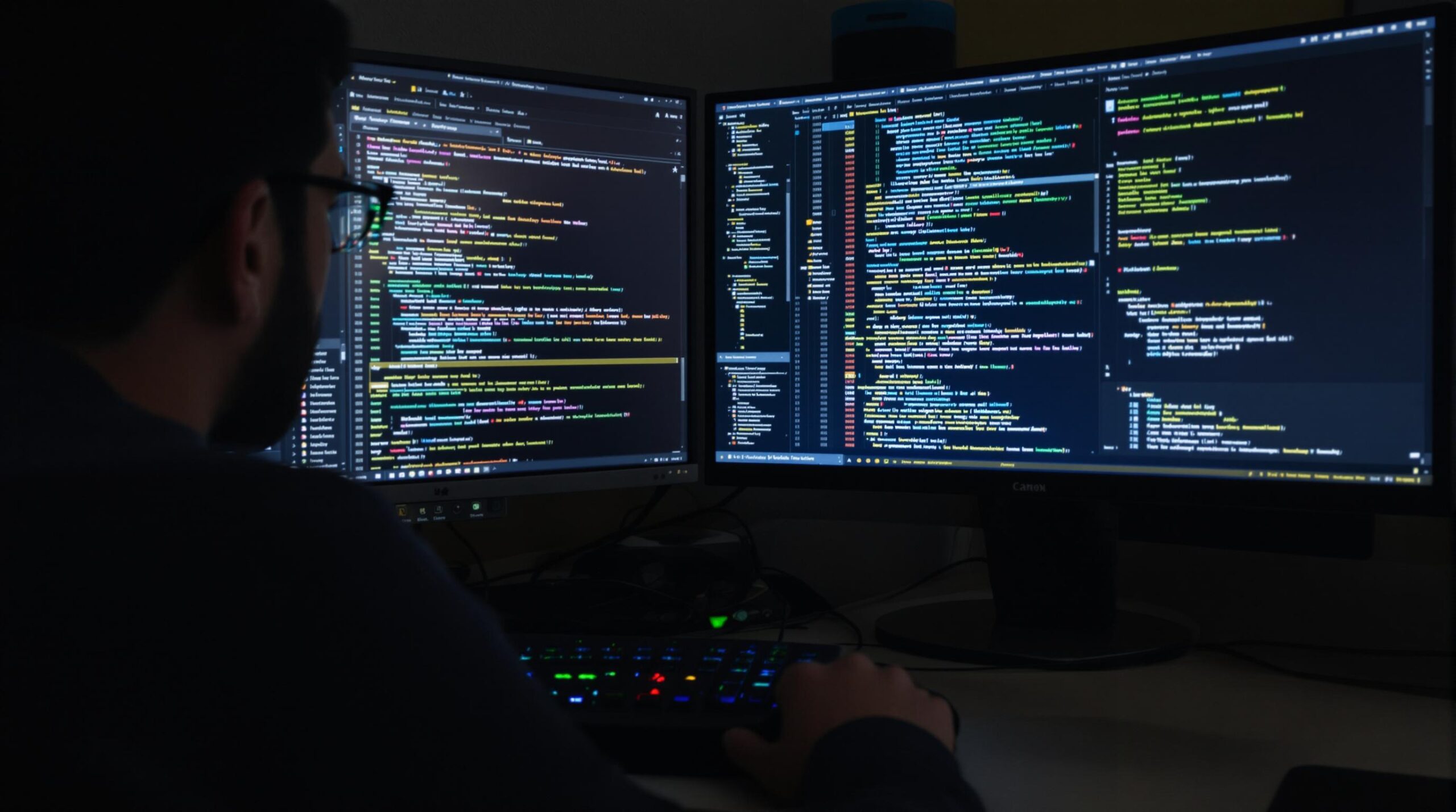 Person coding on dual monitors with colorful keyboard