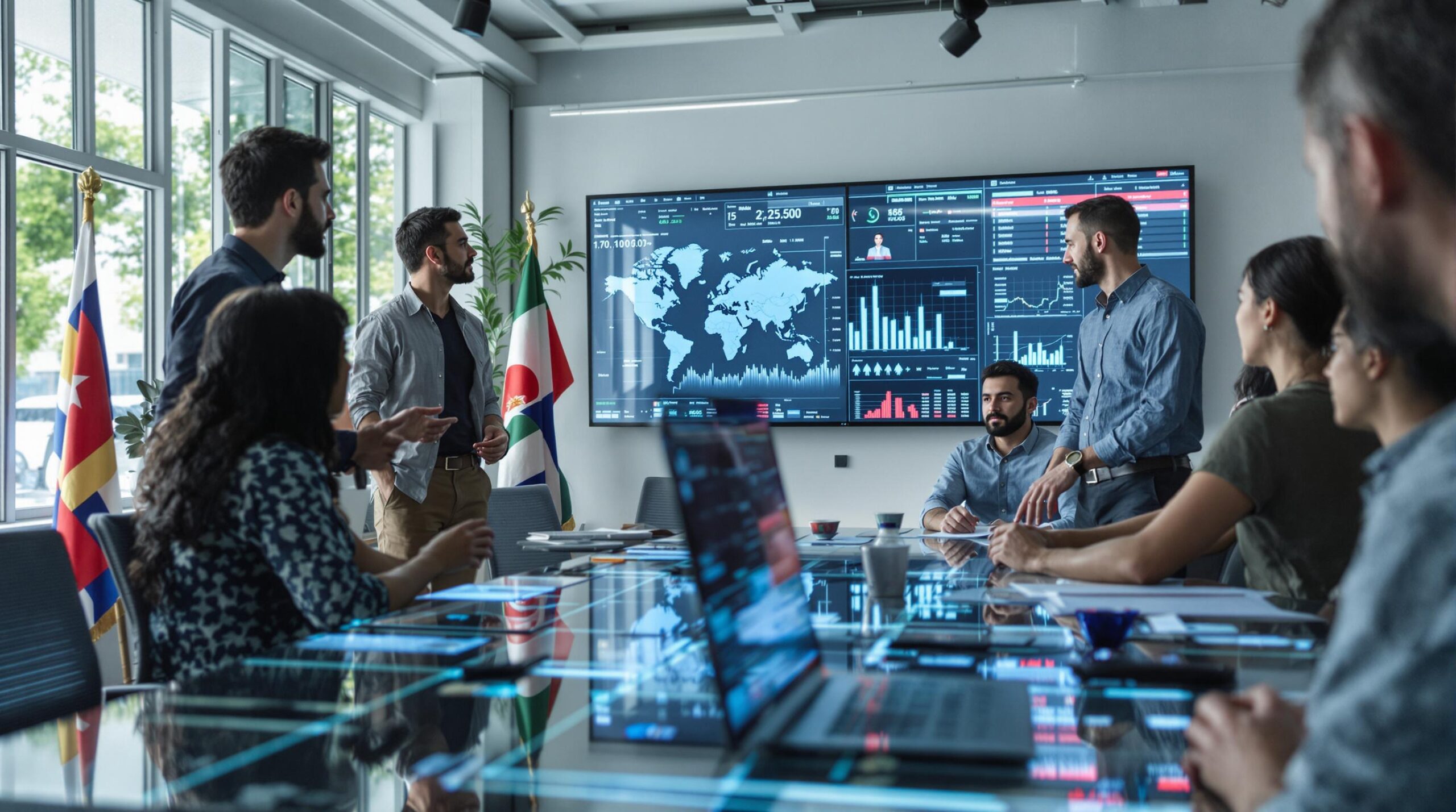 Business team meeting with data dashboards and flags