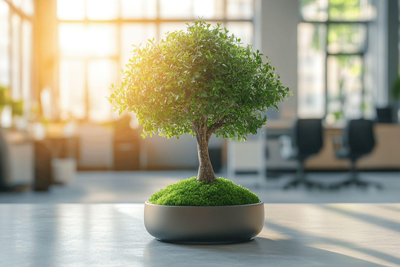 Petit arbre vert en pot sur sol de bureau ensoleill&eacute;