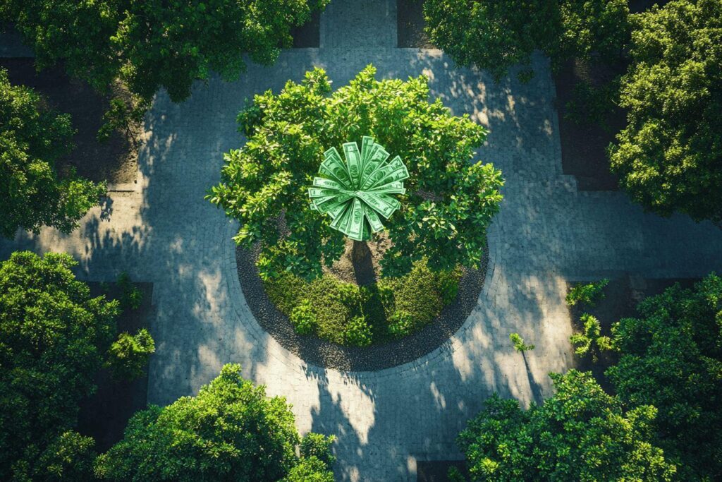 Fleur de billets verts au centre d'un jardin géométrique
