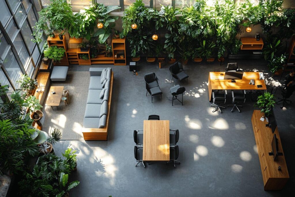 Espace de travail avec plantes, mobilier bois et béton