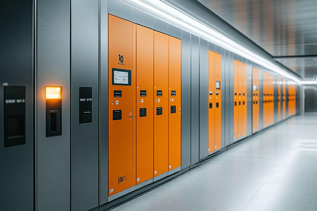Rangée de casiers électroniques orange dans un couloir futuriste