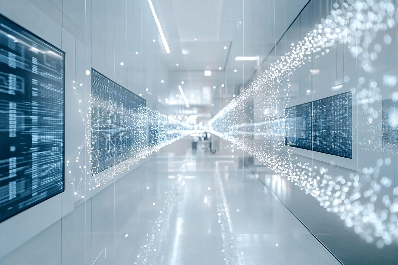 Couloir lumineux avec écrans de données et particules numériques