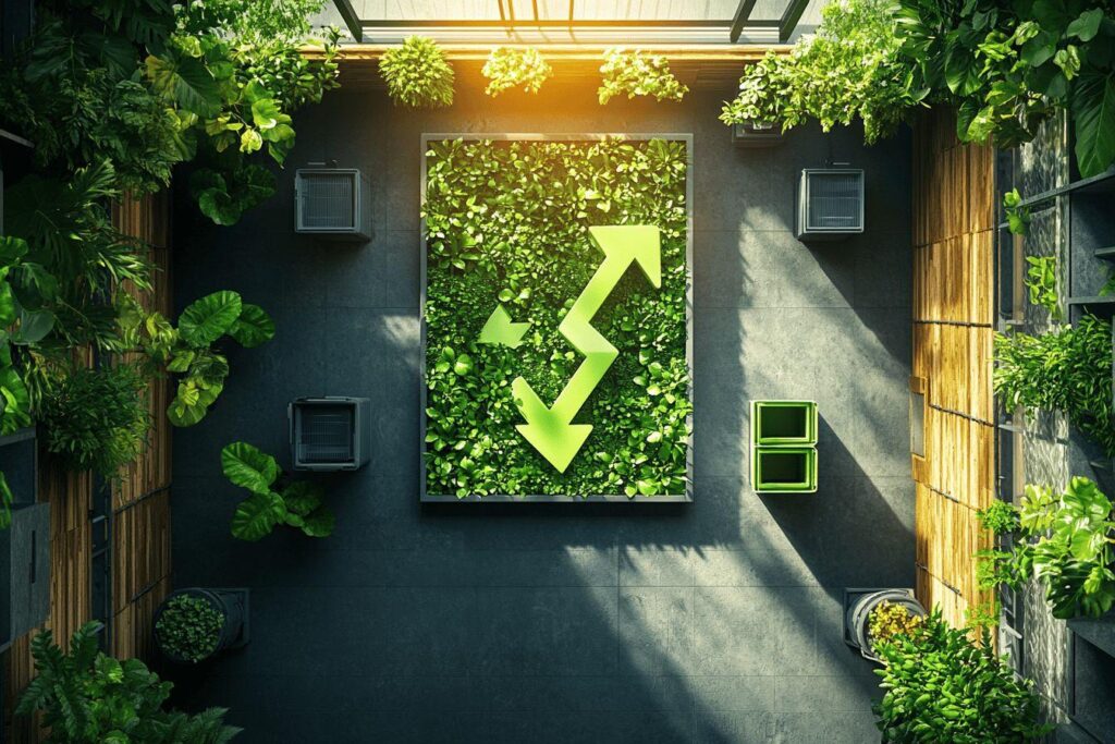 Flèche verte montante sur mur végétal dans un espace intérieur