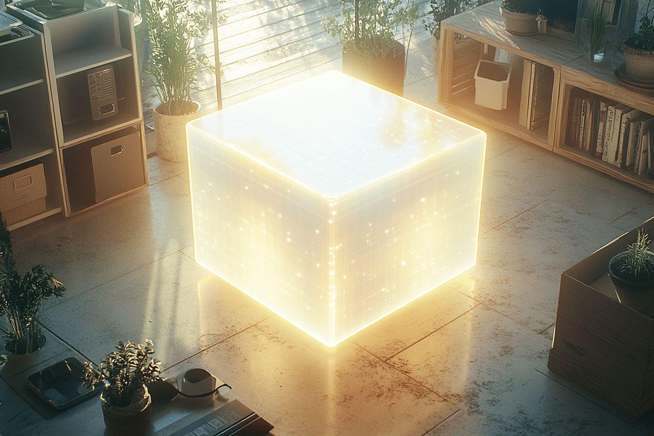 Cube brillant émettant une lumière dorée dans un salon moderne