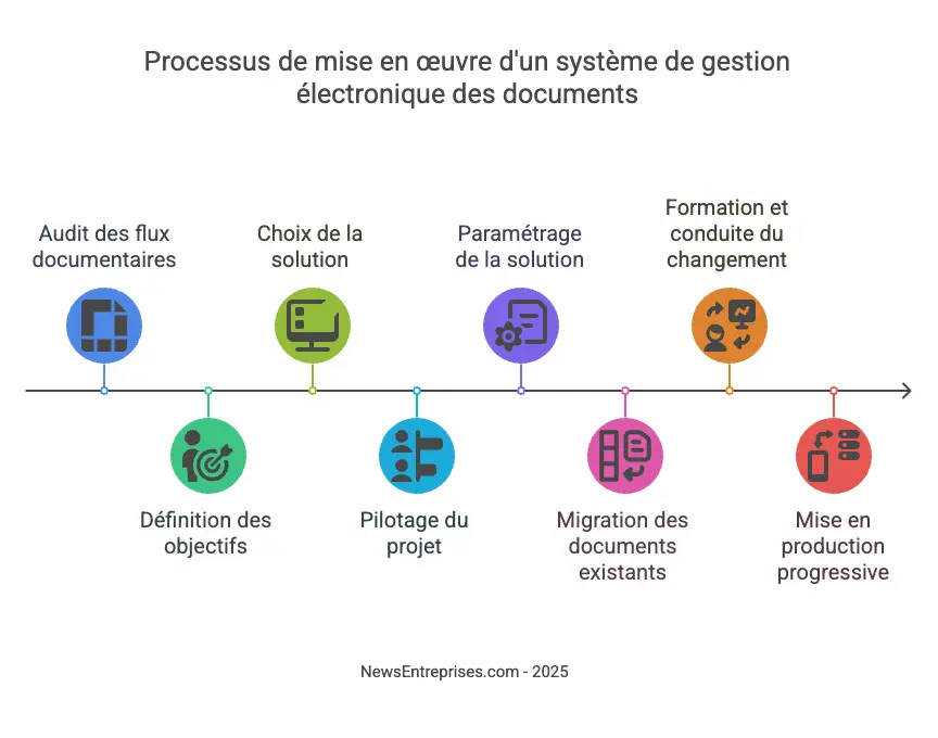 Infographie, les étapes de mise en place d'une GED.