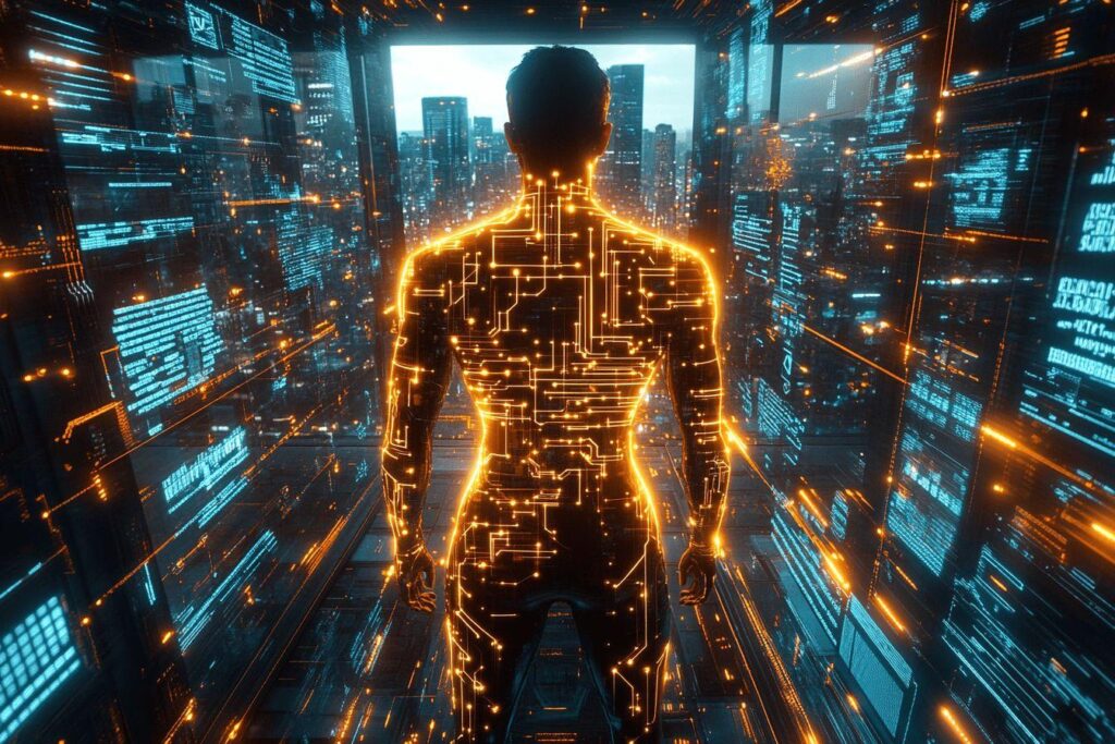 Silhouette technologique brillante dos à la ville cyberpunk