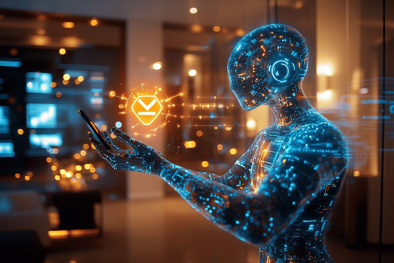 Robot numérique bleu interagissant avec un hologramme technologique