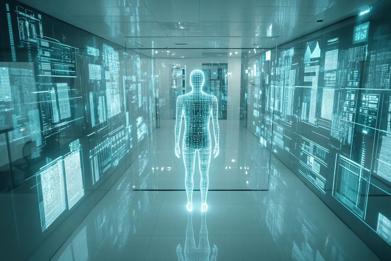 Silhouette numérique dans un corridor high-tech avec écrans de données