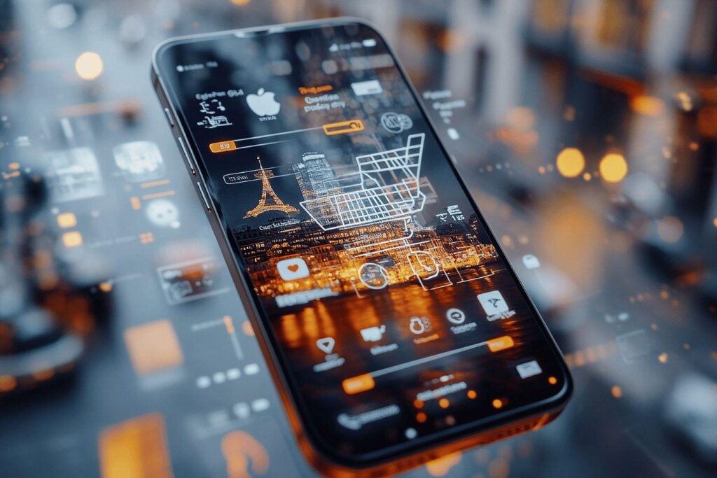 Écran de téléphone avec vue nocturne de Paris technologique