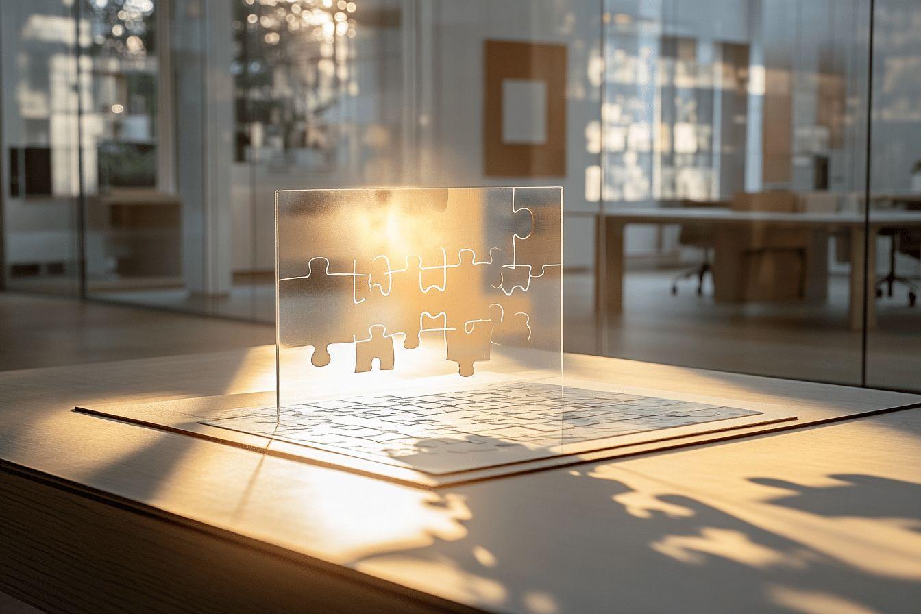 Pièces de puzzle translucides sur surface brillante au soleil