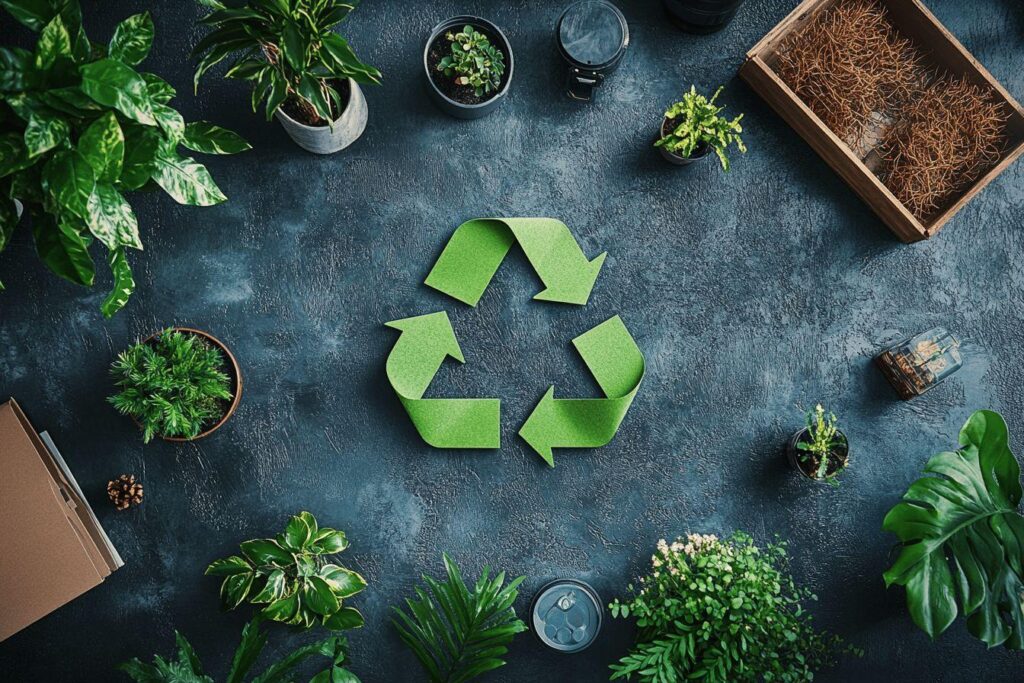 Logo de recyclage entouré de plantes vertes sur fond gris