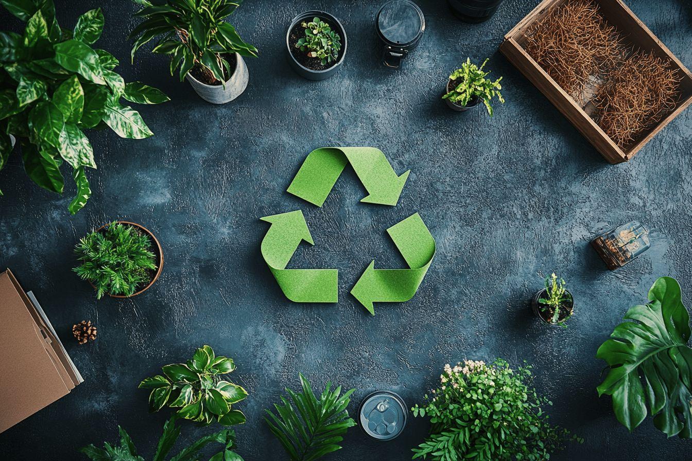 Logo de recyclage entouré de plantes vertes sur fond gris