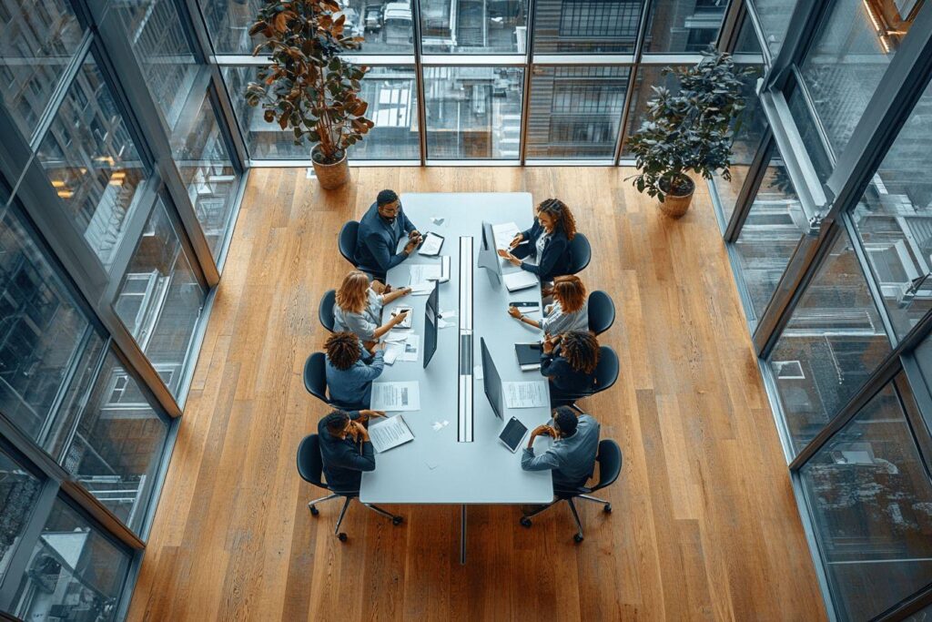 Vue aérienne d'une équipe travaillant ensemble à une table