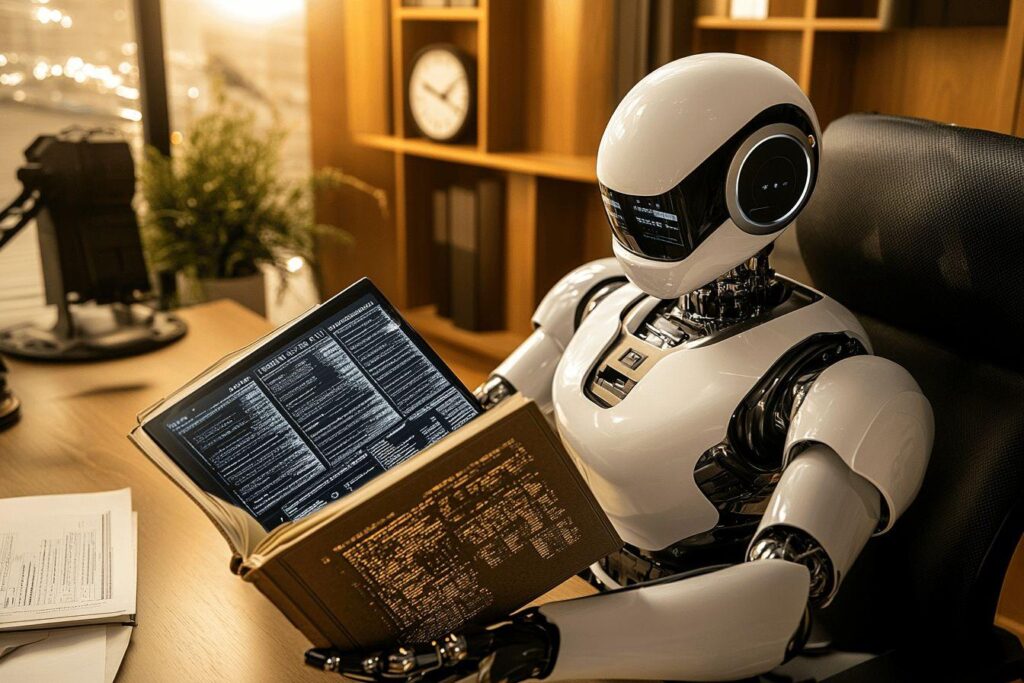Robot blanc lisant un livre numérique dans un environnement de bureau chaleureux