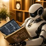 Robot blanc lisant un livre numérique dans un environnement de bureau chaleureux