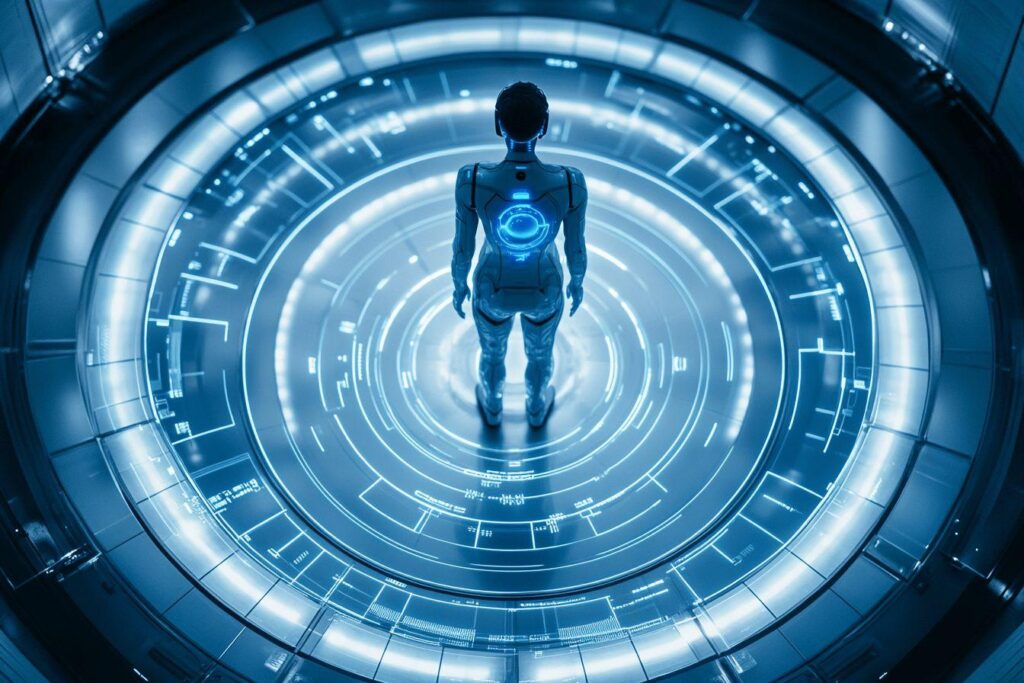 Silhouette robotique bleue dans un corridor circulaire high-tech
