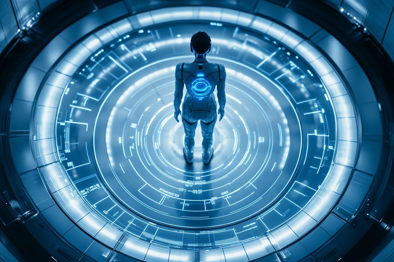 Silhouette robotique bleue dans un corridor circulaire high-tech