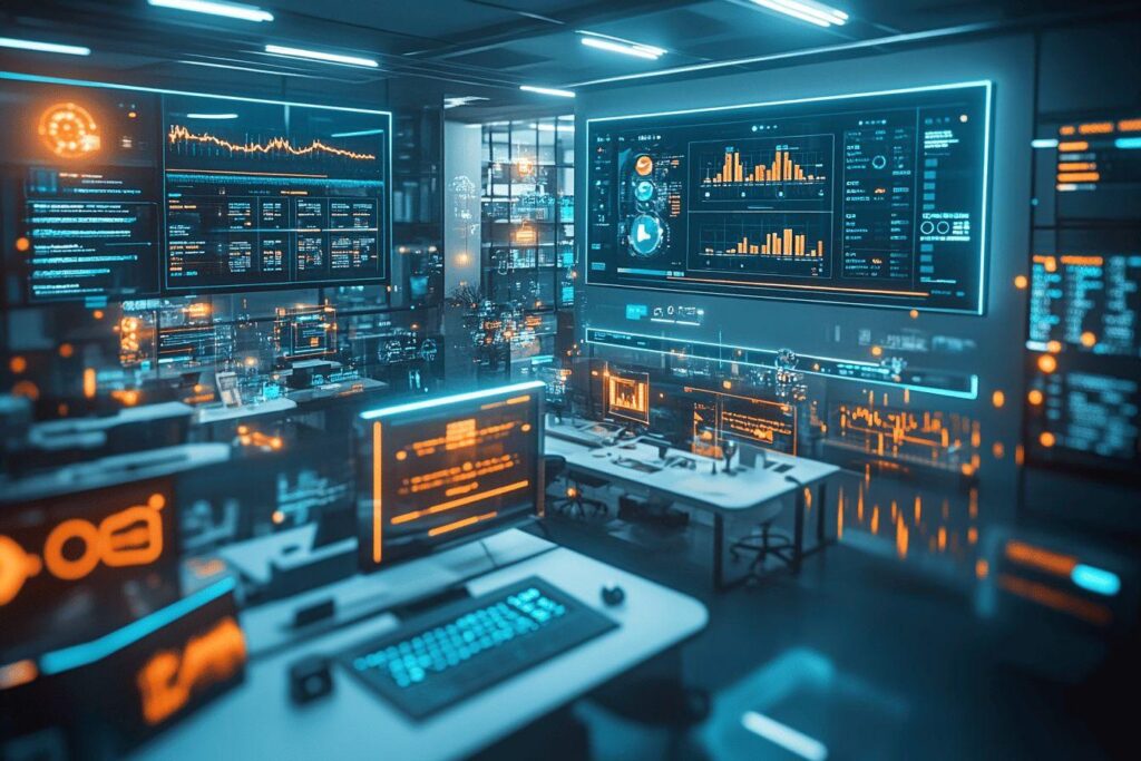 Interface numérique bleue avec écrans de données et graphiques dynamiques
