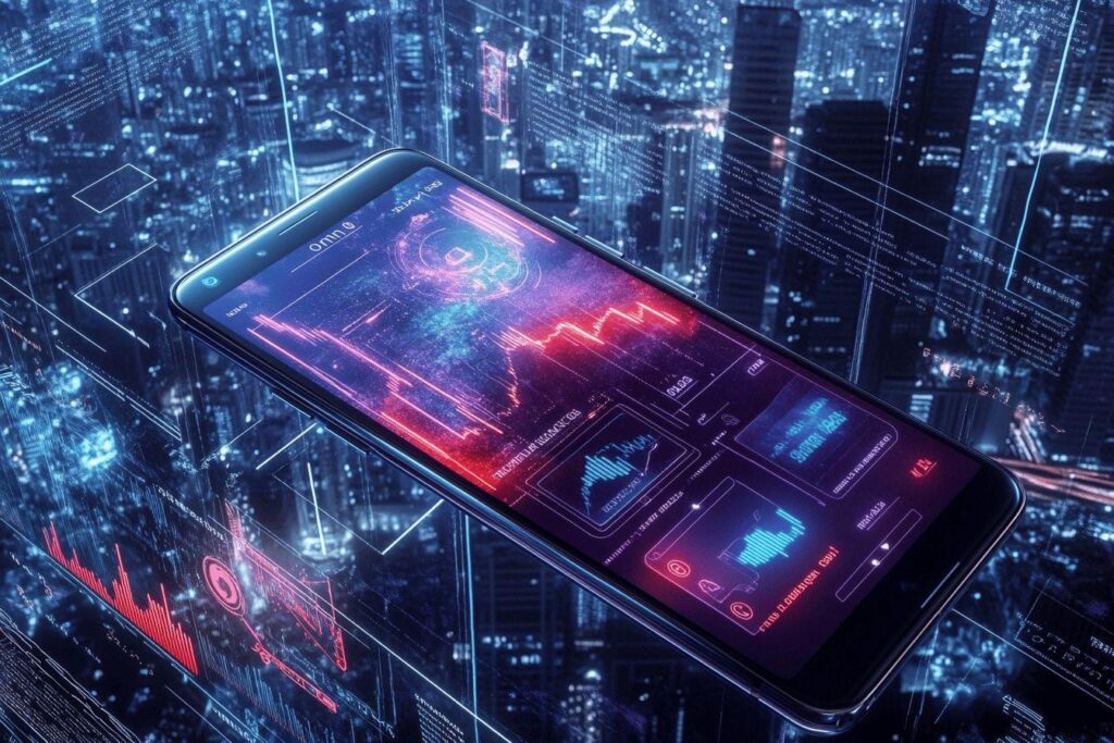 Écran de téléphone affichant des données high-tech sur fond de ville numérique
