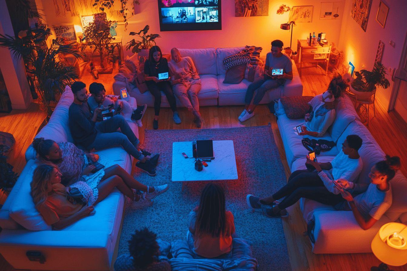 Jeunes dans un salon coloré, tous absorbés par leurs écrans