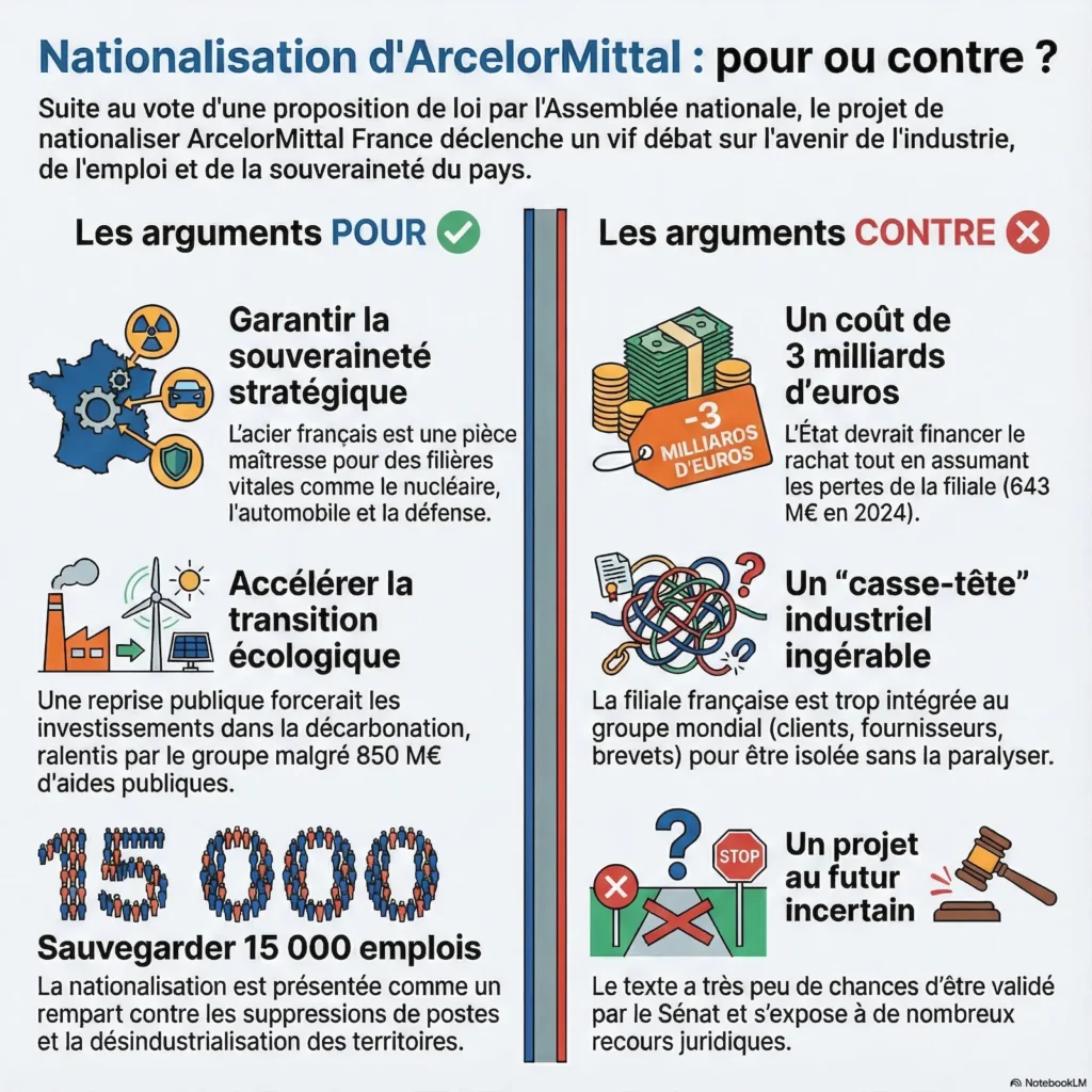 Infographie, nationalisation, ArcelorMittall, pour et contre. 