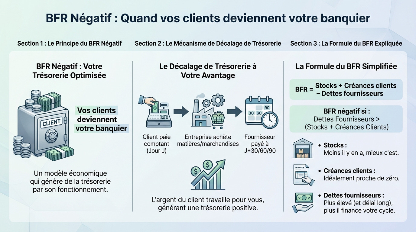 Schéma illustrant le mécanisme du BFR négatif et le financement par les clients