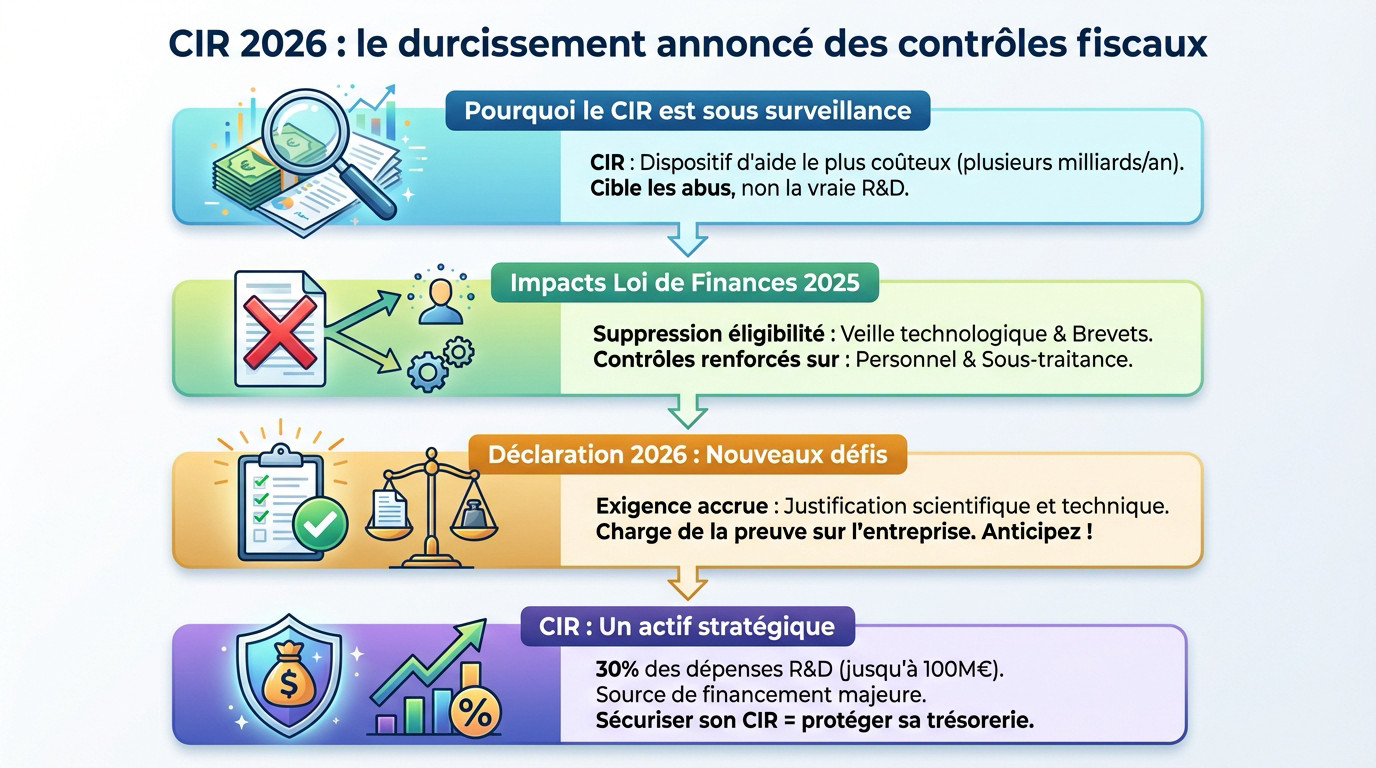 Illustration des contrôles fiscaux renforcés pour le Crédit d'Impôt Recherche (CIR) en 2026