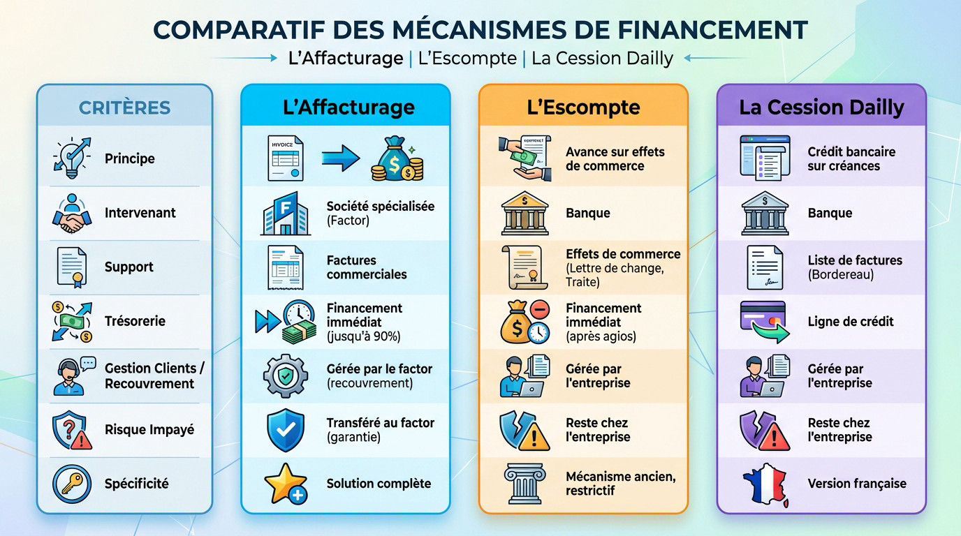 Tableau comparatif des mécanismes de financement court terme : affacturage, escompte et cession Dailly