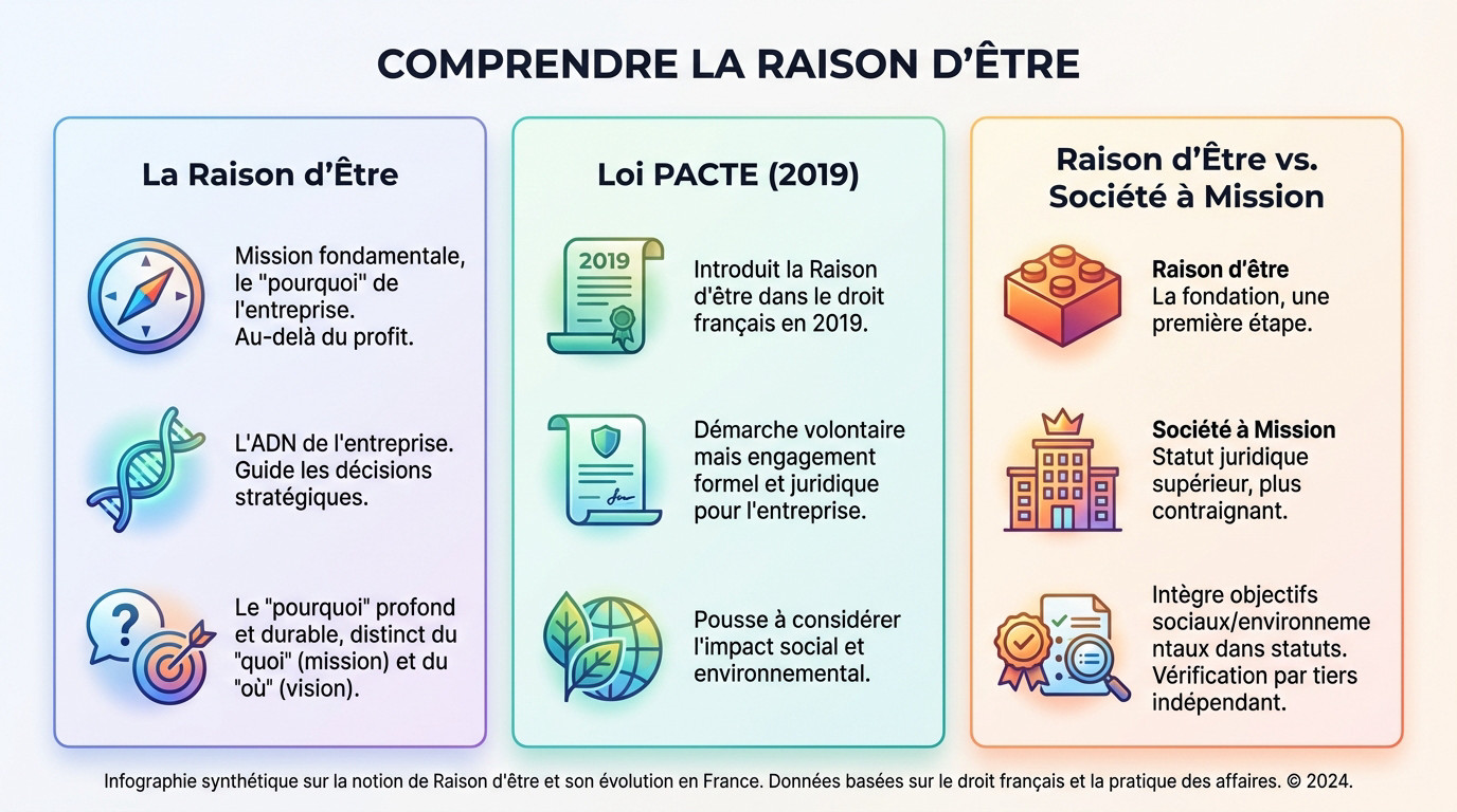 Schéma illustrant la raison d'être comme le cœur stratégique de l'entreprise, reliant mission, vision et valeurs