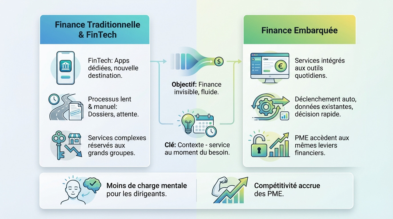 Comparaison visuelle entre le circuit bancaire traditionnel complexe et la fluidité de la finance embarquée intégrée aux logiciels métiers