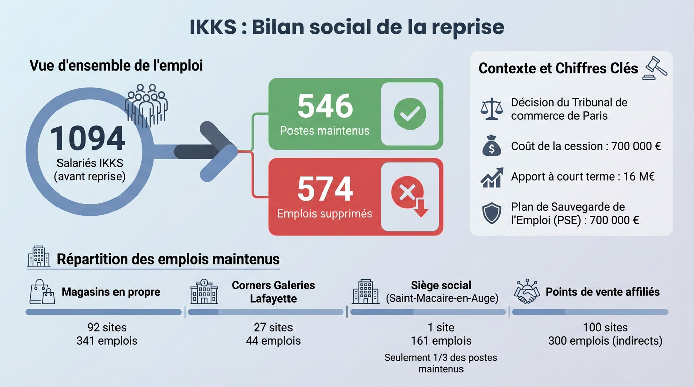 Graphique illustrant la suppression de 574 emplois chez IKKS suite à la reprise