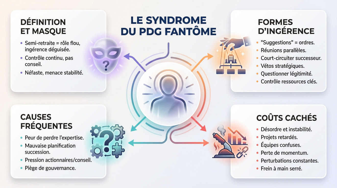 Infographie illustrant le syndrome du PDG fantôme et ses conséquences sur l'entreprise