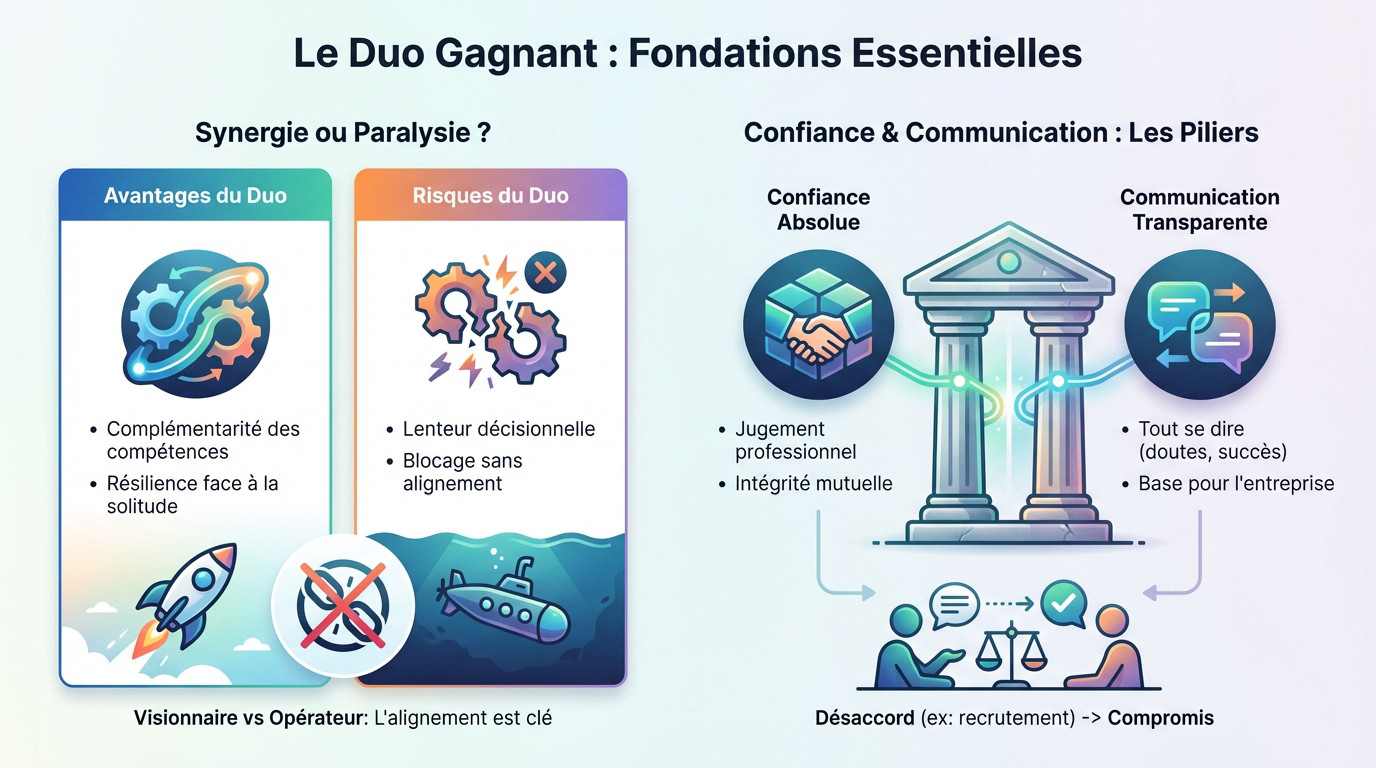 Illustration de deux dirigeants collaborant pour construire les fondations solides d'une entreprise bicéphale