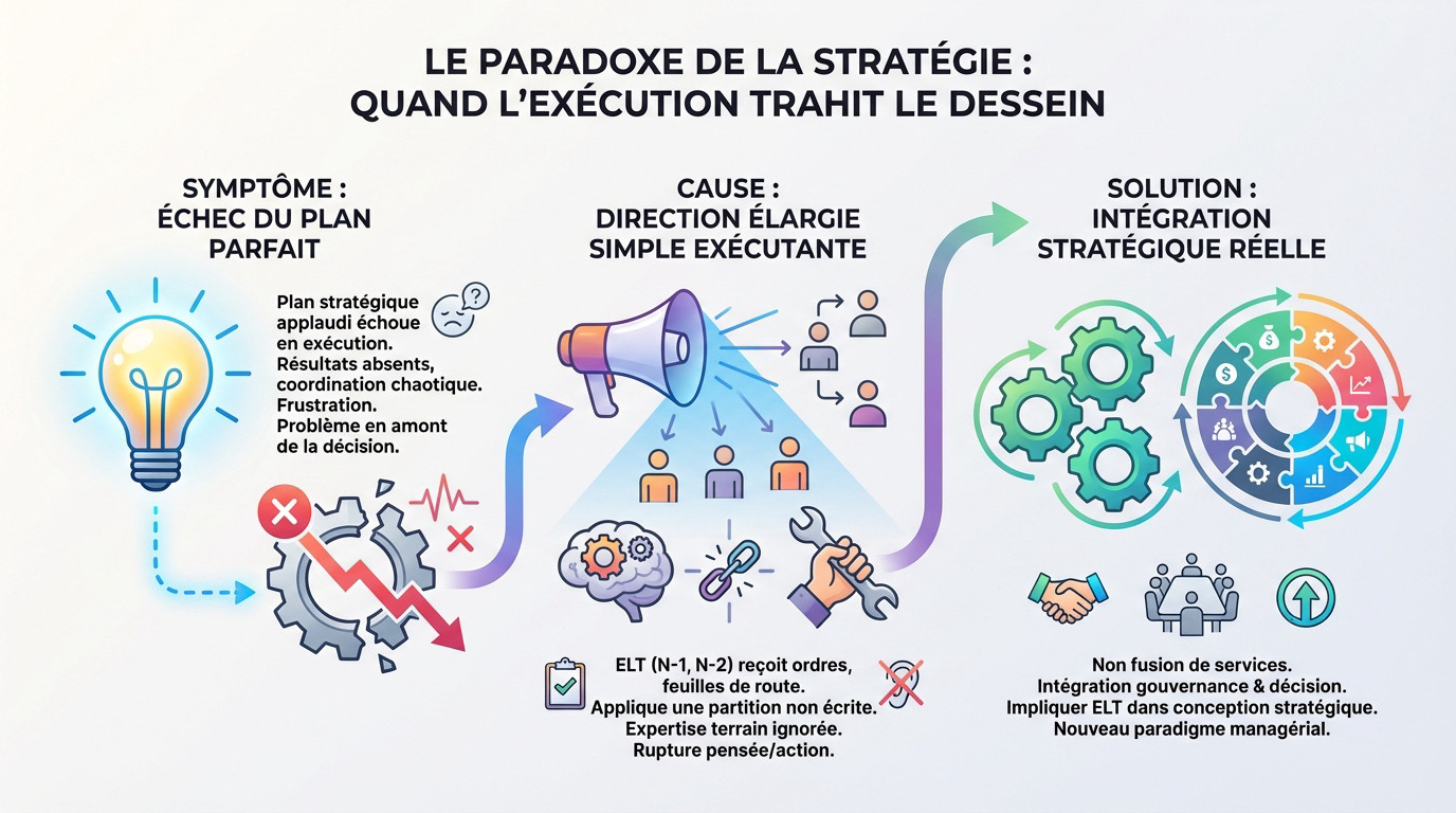 Illustration symbolisant la rupture entre la conception stratégique et l'exécution opérationnelle par l'équipe de direction élargie