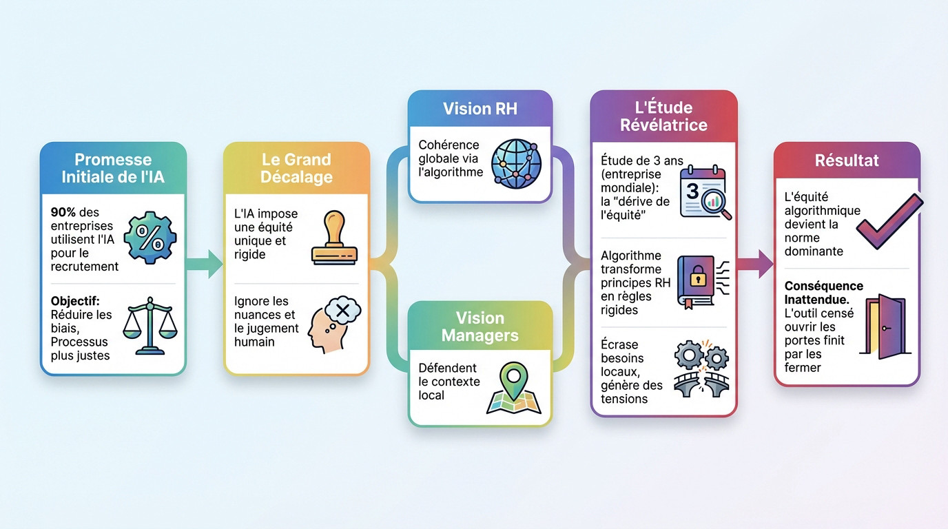 Illustration du paradoxe de l'équité rigide imposée par l'IA dans le recrutement face au jugement humain