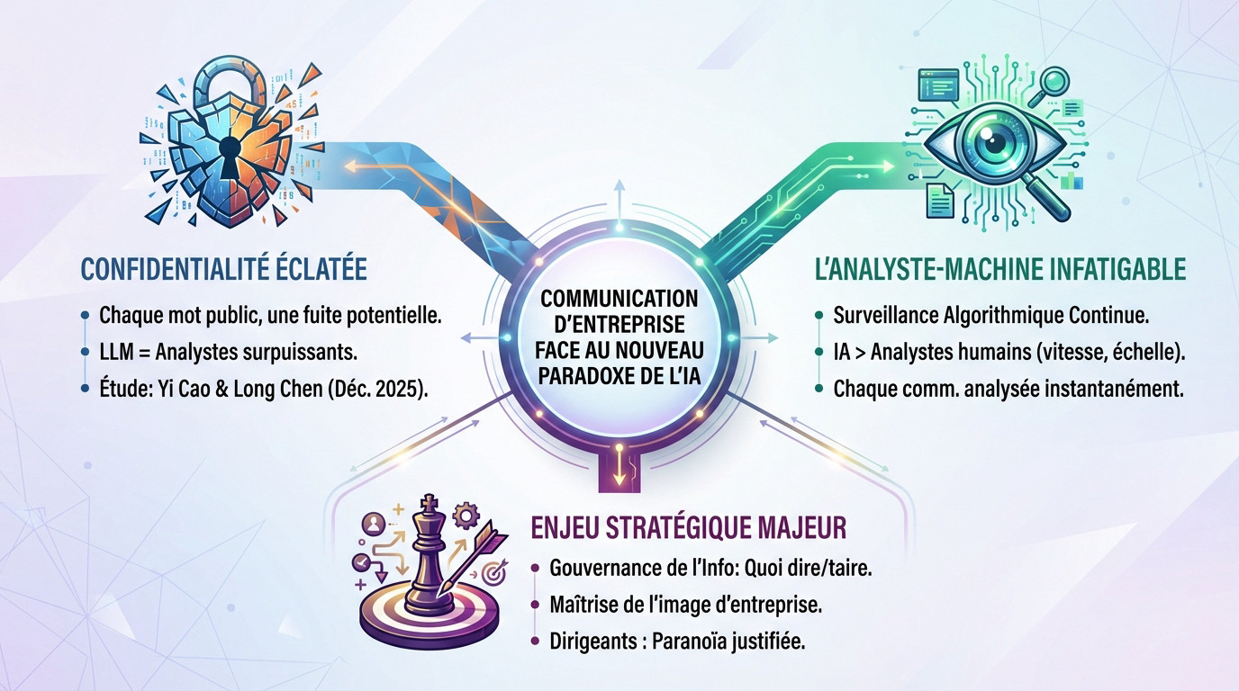 Illustration symbolisant l'analyse par IA des données d'entreprise et la complexité de la divulgation d'informations