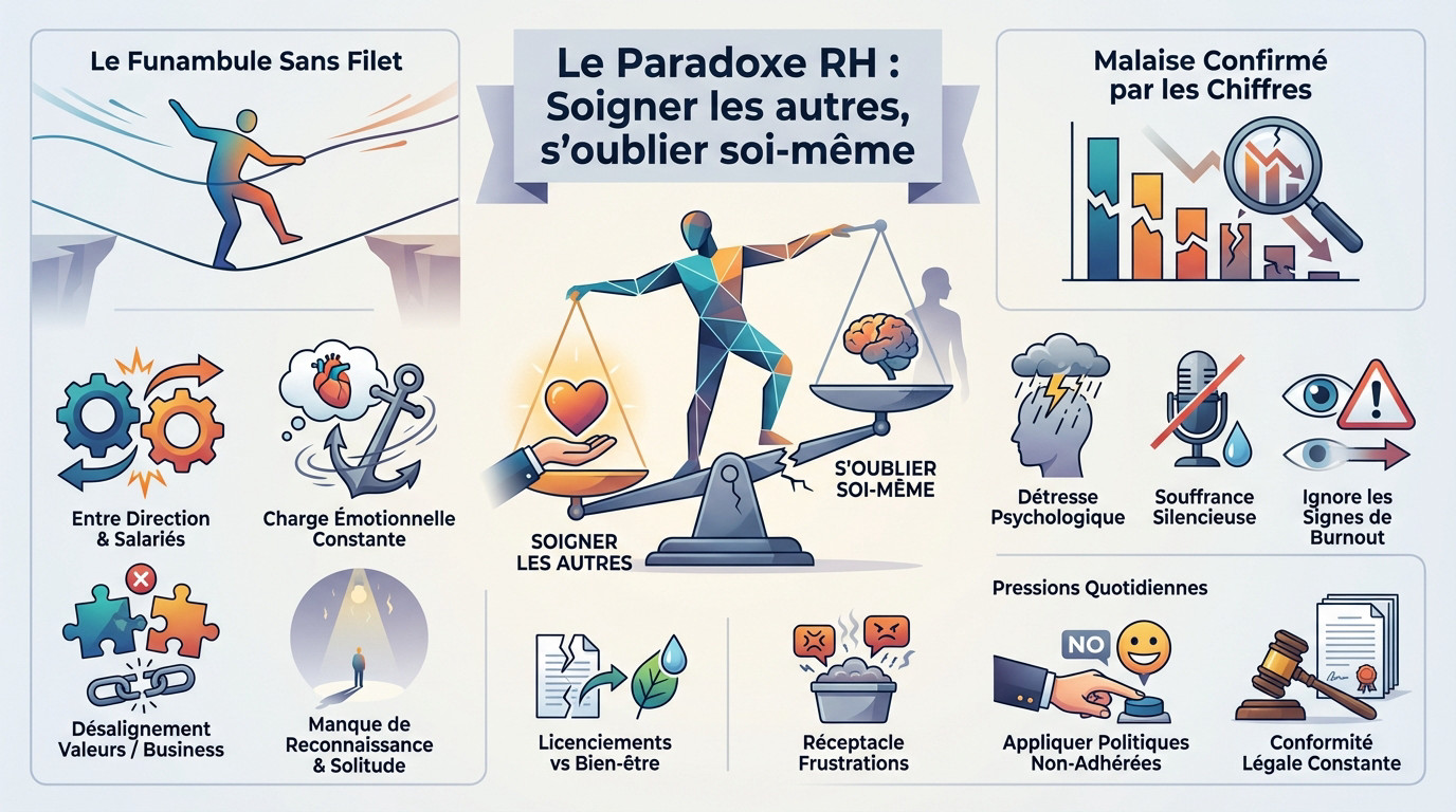 Professionnel RH épuisé illustrant le paradoxe de soigner les autres en s'oubliant soi-même