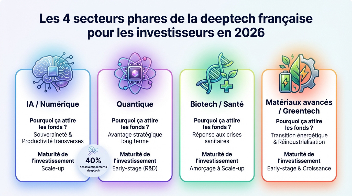 Illustration des secteurs clés de la deeptech française en 2026 : IA, Quantique, Biotech et Matériaux