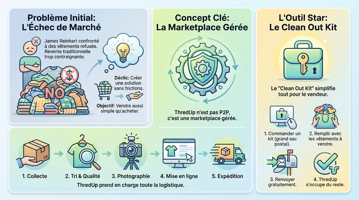 Schéma illustrant le modèle économique de ThredUp, passant de l'échec de la revente traditionnelle à une solution de marketplace gérée