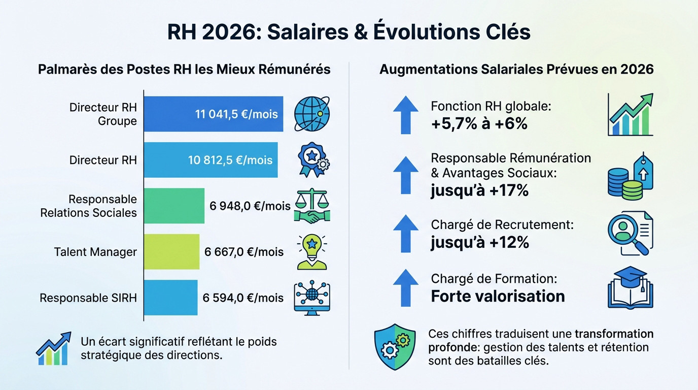Graphique montrant les hausses de salaires RH prévues pour 2026 et les métiers clés