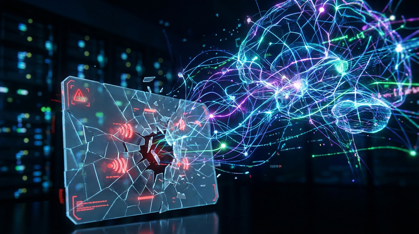 Shattered digital shield with red warnings, overwhelmed by a vibrant, glowing AI neural network, symbolizing cybersecurity vulnerability.