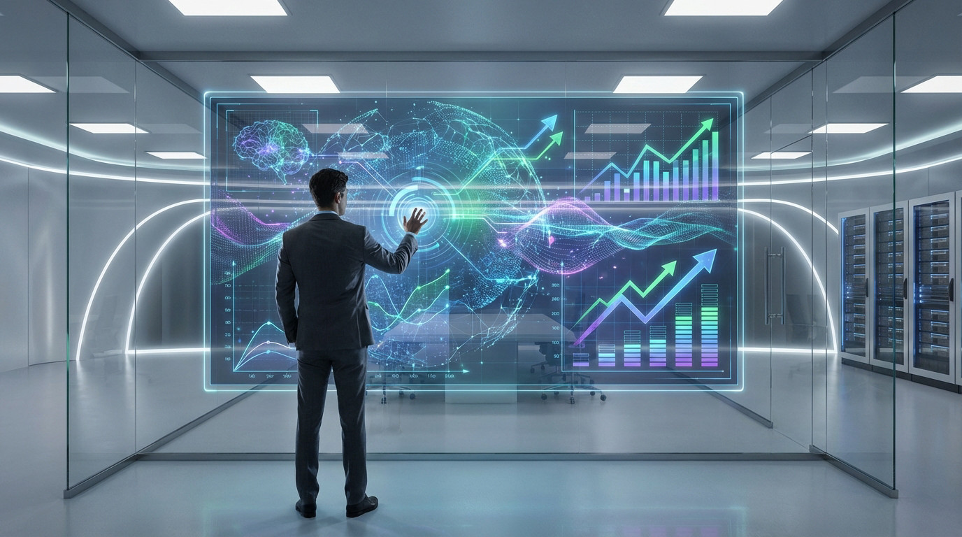 Man in suit interacting with a large holographic display showing AI neural networks, data streams, and financial growth charts in a futuristic office.