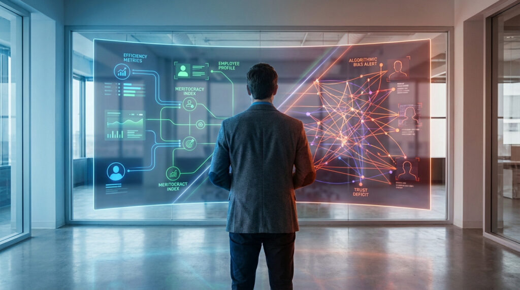 A person views a transparent screen in a futuristic office, displaying AI recruitment data. Green shows efficiency; red highlights bias.