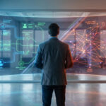 A person views a transparent screen in a futuristic office, displaying AI recruitment data. Green shows efficiency; red highlights bias.