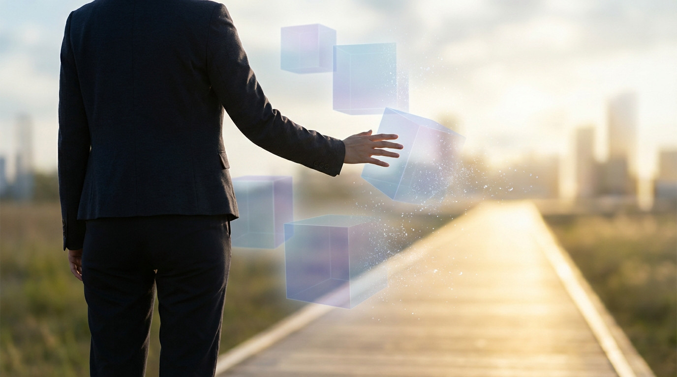 Person in dark suit clearing translucent blue-purple blocks with hand, revealing a bright golden path towards a blurred city.