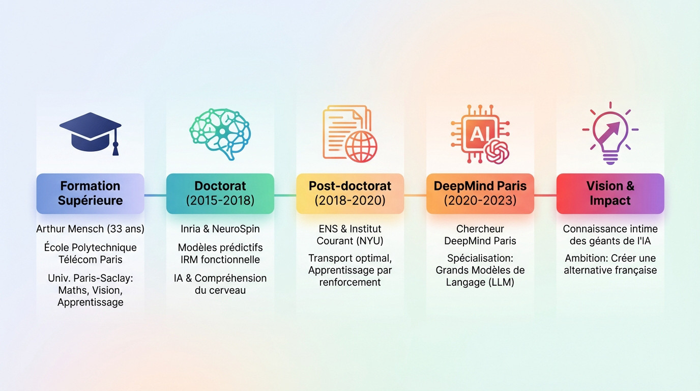 Chronologie illustrée de la carrière d'Arthur Mensch, de l'École Polytechnique à la fondation de Mistral AI
