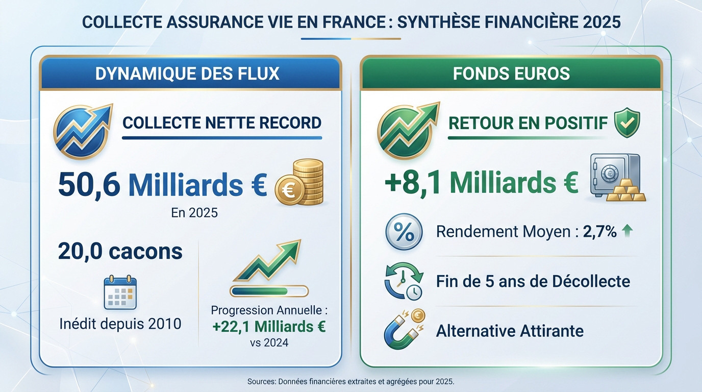 Graphique illustrant la collecte nette record de l'assurance-vie en 2025 atteignant 50,6 milliards d'euros