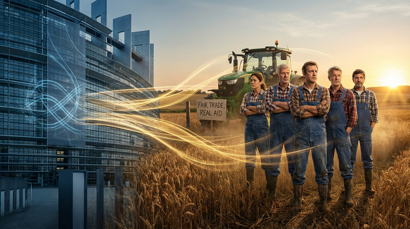 Digital art: EU Parliament on left, five farmers in wheat field at sunset on right, connected by golden aid streams. Sign: FAIR TRADE, REAL AID.